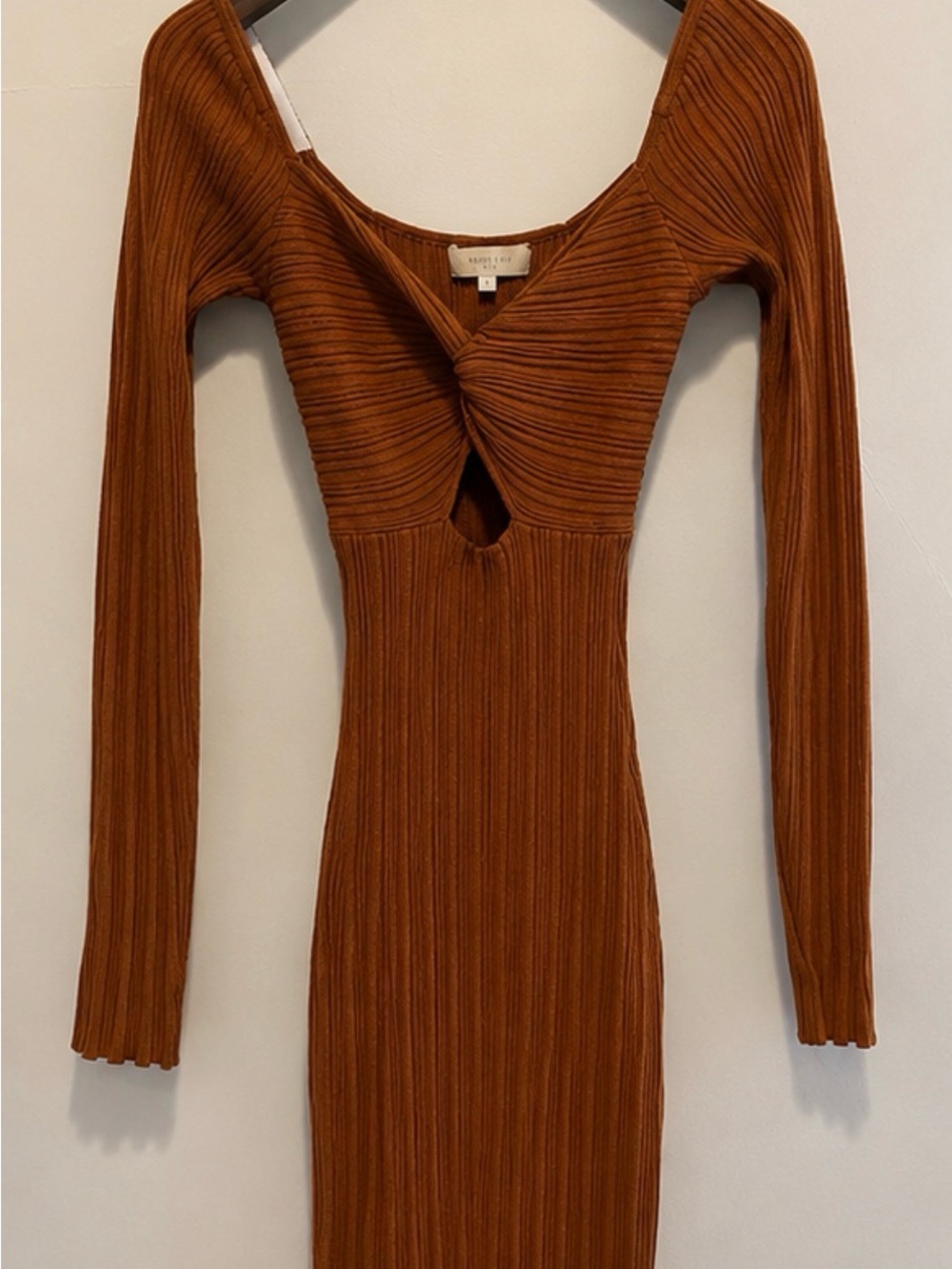Meshki Ribbed Twist-Front Long Sleeve Dress - Rust